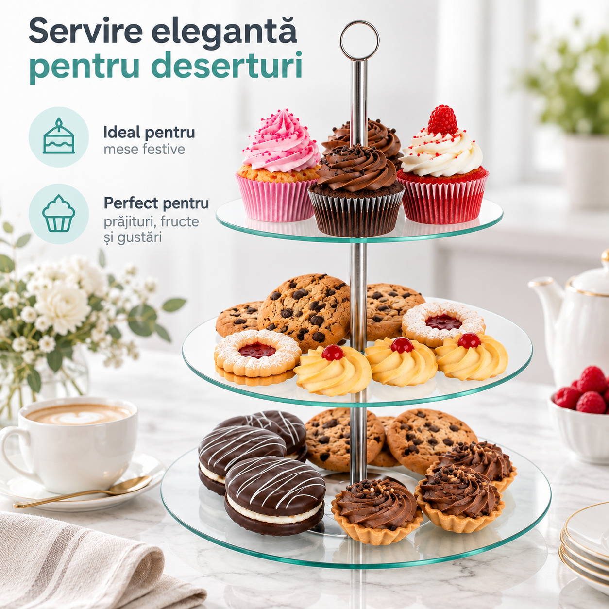 Suport pentru tort și deserturi cu 3 niveluri, sticlă, 21/25/30 cm, Kamille 9053 - imagine 4