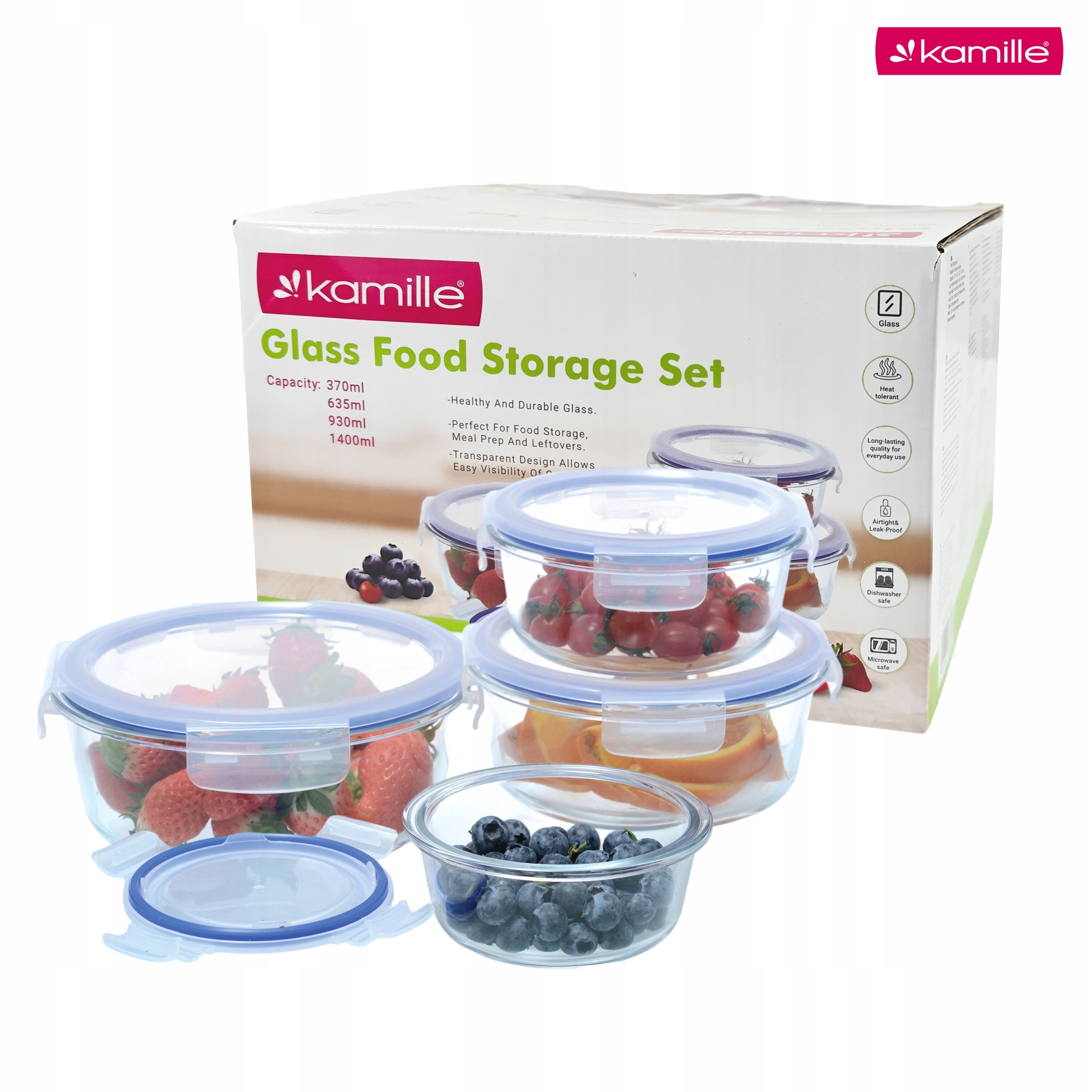 Set 4 recipiente alimentare din sticla borosilicata, cu capace ermetice, 370/635/930/1400 ml, Kamille - KM9116